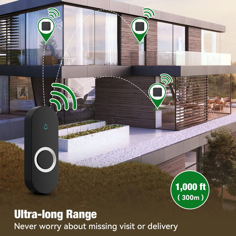 AIDA Lighted Wireless Doorbell, Home Waterproof Doorbell 1,000ft Range, 5 Volume Levels with 58 Doorbell Chimes & LED Flash (Black, Doorbell with 1 Button & 1 Receiver) - NewNest Australia