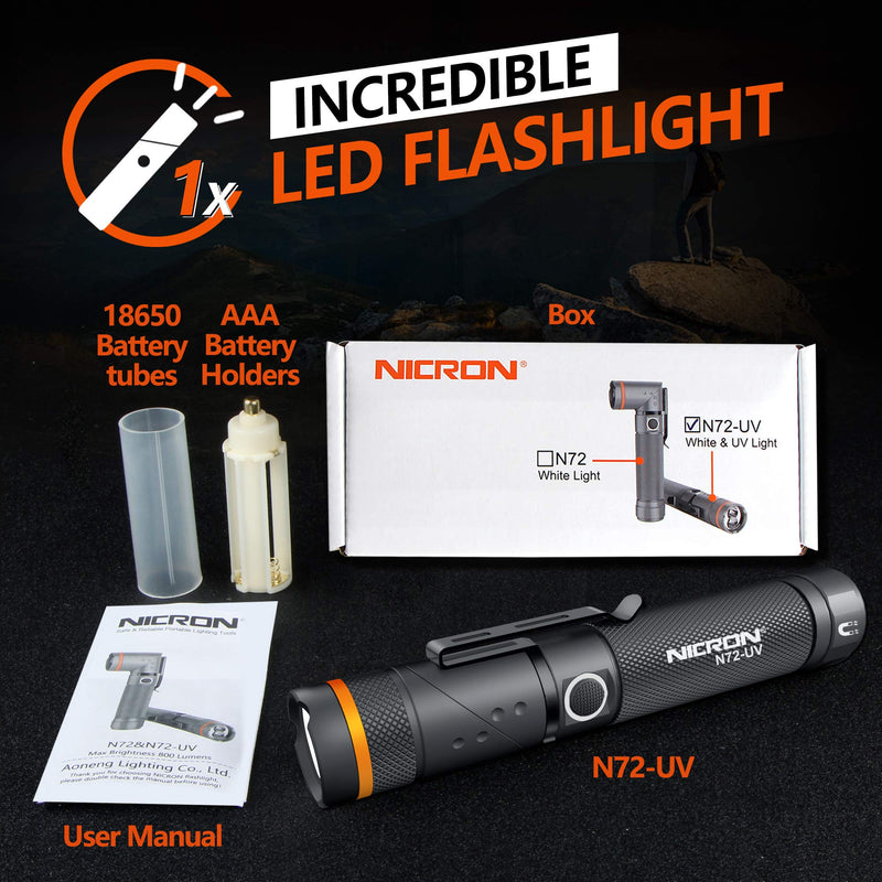 UV Flashlight,NICRON N72-UV 800LM White Light, Freely switch between white light and UV light Detector for Dog Urine, Wet Stains Bed Bugs,Camping, Outdoor,Maintain (18650/AAA Not included) - NewNest Australia