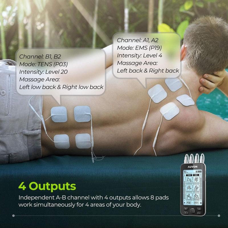 AUVON 4 Outputs TENS Unit EMS Muscle Stimulator Machine for Pain Relief Therapy with 24 Modes Electric Pulse Massager, 2" and 2"x4" Electrodes Pads (Black) A-black - NewNest Australia