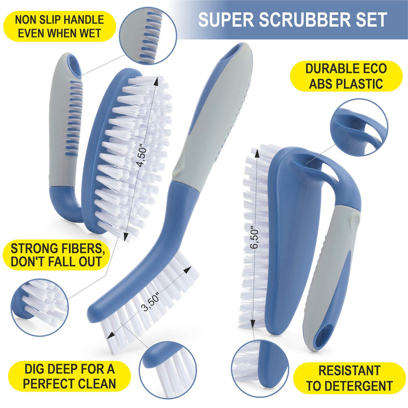 Scrub Brush Set of 3pcs - Cleaning Shower Scrubber with Ergonomic Handle and Durable Bristles - Grout Cleaner Brush - Scrub Brushes for Cleaning Bathroom/Shower/Tile/Kitchen/Floor/Bathtub/Carpet Blue - NewNest Australia