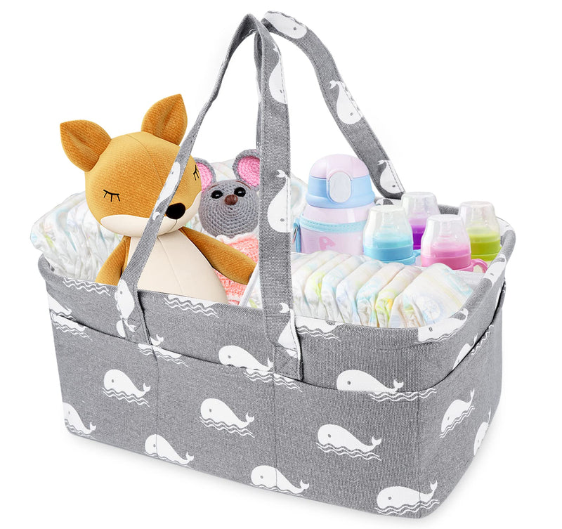 ilauke Baby Nappy Caddy, Multifunctional Baby Nappy Organiser, Portable Nappy Basket with Removable Divider, 10 Invisible Pockets for Car, Bedroom, Travel and Changing Table (Whale pattern) - NewNest Australia