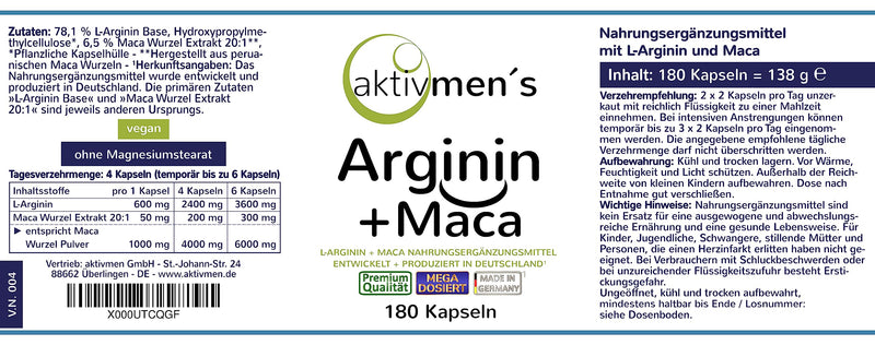 Aktivmen Arginine + Maca High Dose ‚ For Highly Active Men ‚ Tested By Experts ‚ 100% Vegan 180 Capsules, L-Arginine Base 3600 + Maca 6000 (Maca Root Extract 20:1) 1 Tin (1 X 140 G) - NewNest Australia