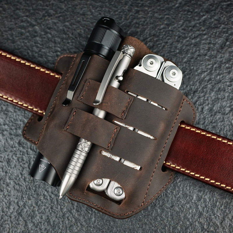 VIPERADE PJ13 EDC Leather Sheath, Knife Belt Sheath/Leather Flashlight Holster/for Leatherman Multitools Sheath, Handmade 3 Pockets Organizer Sheath for Knives/Flashlights/Tactical pens/Tools (Brown) Brown - NewNest Australia