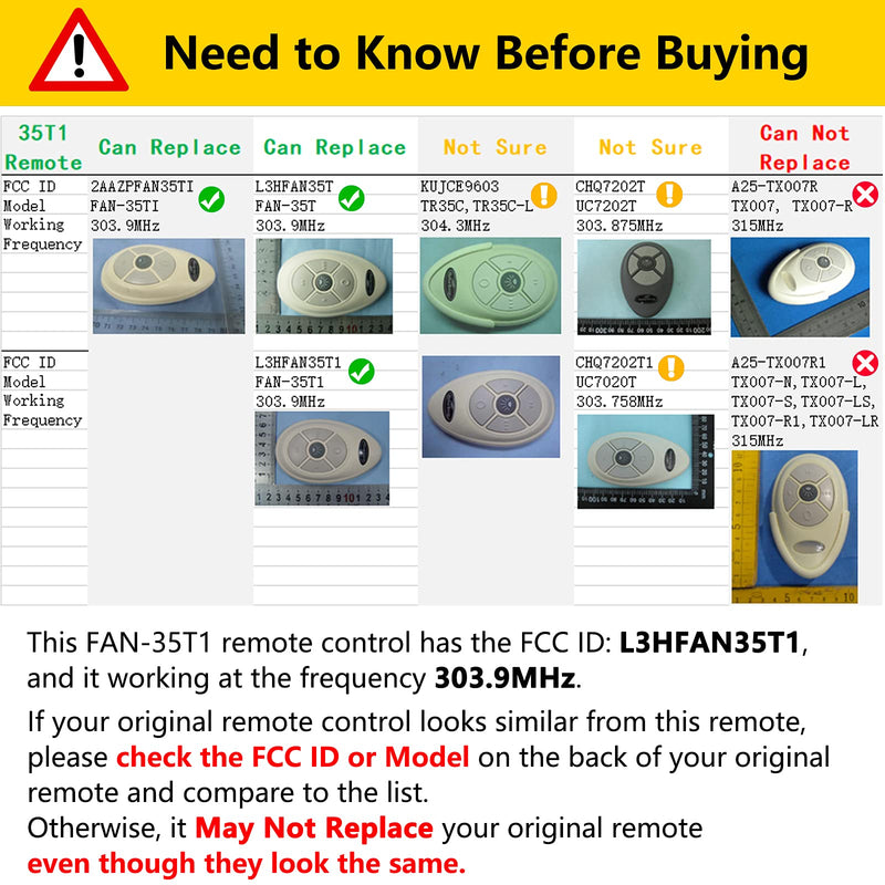 35T1 Ceiling Fan Remote Control Replacement for Harbor Breeze Allen Roth, 303.9MHz, 3-Speed, Light Dimmer, Learn Key, Replace FAN-53T FAN-11T L3HFAN35T1 FAN-35T1 L3HFAN35T FAN-35T (Remote Only) - NewNest Australia