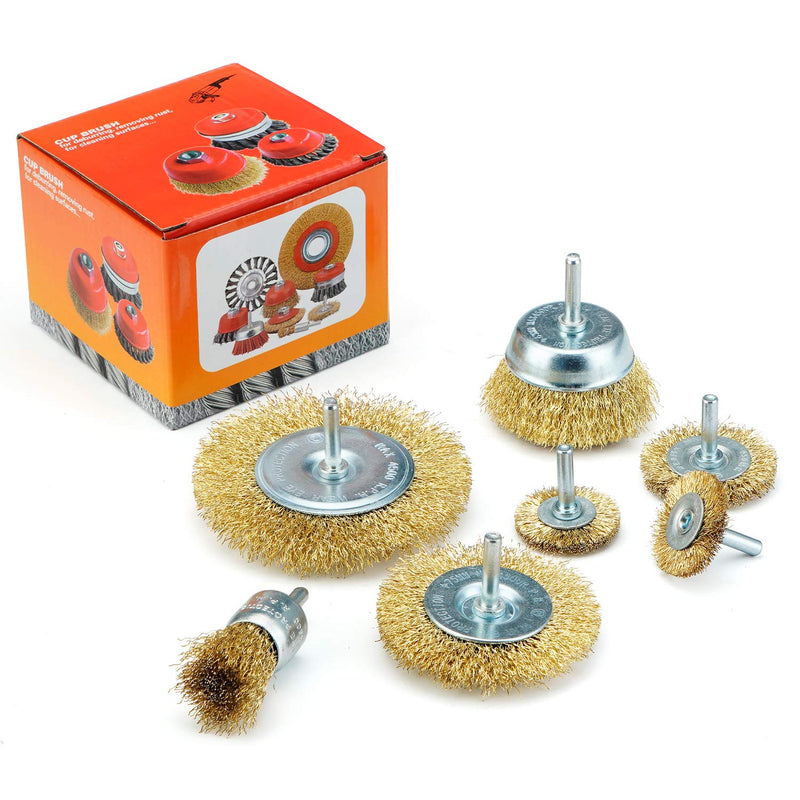 TILAX Wire Brush Wheel Cup Brush Set 7 Piece, Wire Brush for Drill 1/4 Inch Arbor 0.0118 Inch Coarse Brass Coated Crimped Wire Wheel for Used to Clean Rust, Flakes and Abrasives Drill Attachment - NewNest Australia