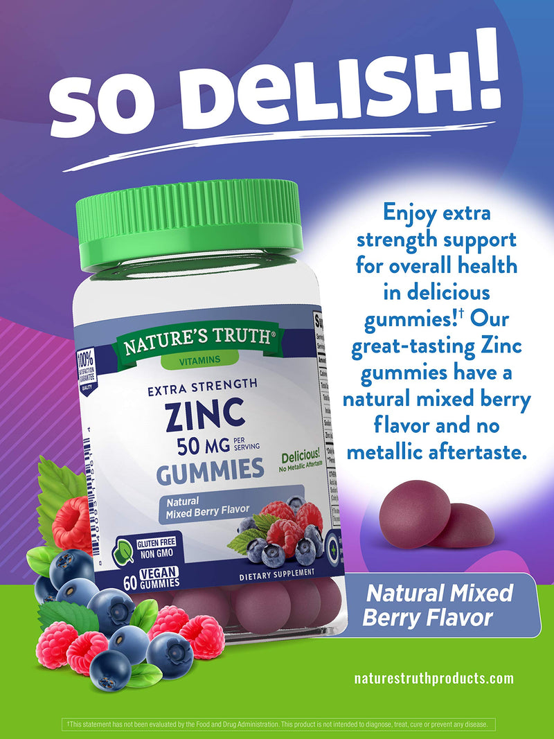 Zinc Gummies | 50mg | 60 Count | Vegan, Non-GMO & Gluten Free Supplement | Mixed Berry Flavor | by Natures Truth - NewNest Australia