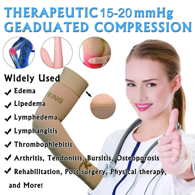 KEKING® Lymphedema Compression Arm Sleeves (Pair), 15-20 mmHg Graduated Compression Arm Support, No Silicone Dot, Post Surgery Recovery, Pain Relief, Swelling, Lipedema, Edema, Beige L Large (1 Pair) 15-20mmhg Beige (Non Silicone Dot) - NewNest Australia