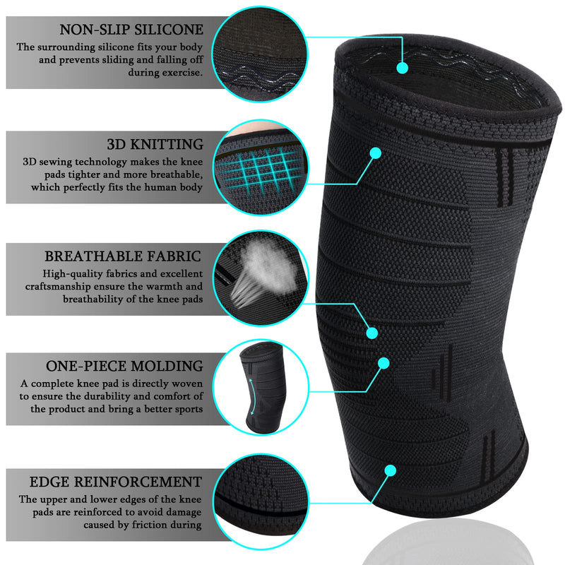 MILAIUN Knee Support Set of 2, Kiel Support Men and Women, Knee Supports with Non-Slip Silicone Strips & Breathable for Arthritis, Meniscus, Volleyball, Sports, ACL (L|Black)… L Black - NewNest Australia