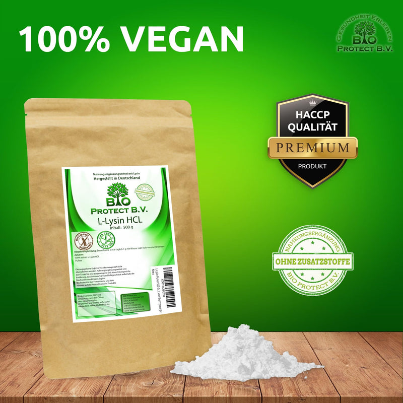 L-Lysine powder 500 grams without additives - 100% pure and without magnesium stearate - Vegan - Lysine HCL from Bio Protect BV 500 g (pack of 1) - NewNest Australia