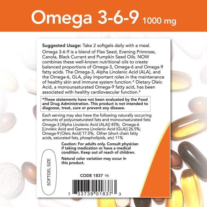 NOW Supplements, Omega 3-6-9 1000 mg with a blend of Flax Seed, Evening Primrose, Canola, Black Currant and Pumpkin Seed Oils, 250 Softgels - NewNest Australia