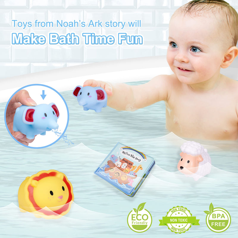 My First Noahs Ark 7 pcs Baptism Gift Set, Dedication, Christening and Baptism Gifts for Boys and Newborn Baby, Includes Bamboo Washcloth and Hooded Towel, Baby Bath Book, 3 Bath Toys and Gift Bag Blue - NewNest Australia