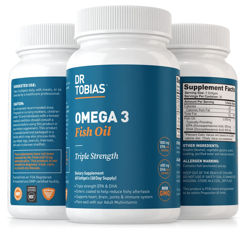 Dr. Tobias Omega 3 Fish Oil – Triple Strength Dietary Nutritional Supplement – Helps Support Brain & Heart Health, Includes EPA & DHA – 2000 mg per Serving, 60 Soft Gel Capsules - NewNest Australia