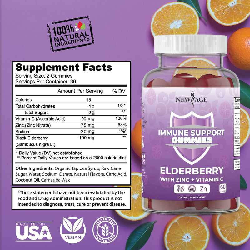 New Age Immune System Support Gummies - Sambucus Black Elderberry Gummies with Vitamin C and Zinc - All Natural Immunity Gummies - 2 Pack, 120 Count (2 Pack 120 Count) - NewNest Australia