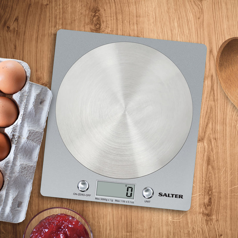 Salter 1036 SVSSDR Disc Electronic Scale, Digital Weighing, Stylish Slim Design, Home/Kitchen Cooking, Spun Stainless Steel Platform, Add,Weigh, Measures Liquids/Fluids, 5 Kg Capacity, Silver/Chrome Single - NewNest Australia