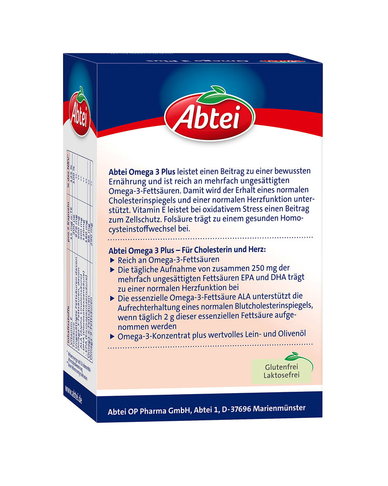 Abtei Omega 3 Plus - Dietary Supplement Rich In Omega-3 Fatty Acids For Cholesterol Levels And Heart Function - With Vitamin E And Folic Acid - 1 X 60 Capsules - NewNest Australia