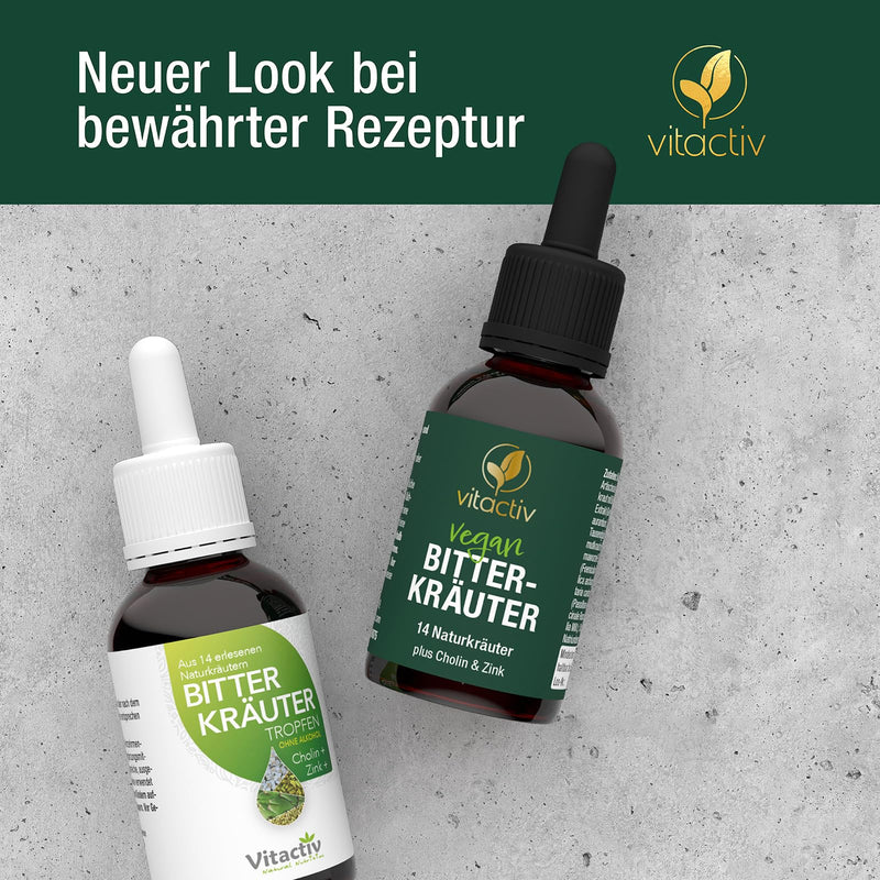 VITACTIV bitter herbs - bitter drops without alcohol - select herbs plus choline & zinc - bitter substances drops according to Hildegard von Bingen - without artificial additives, sugar-free, vegan - 50ml - NewNest Australia