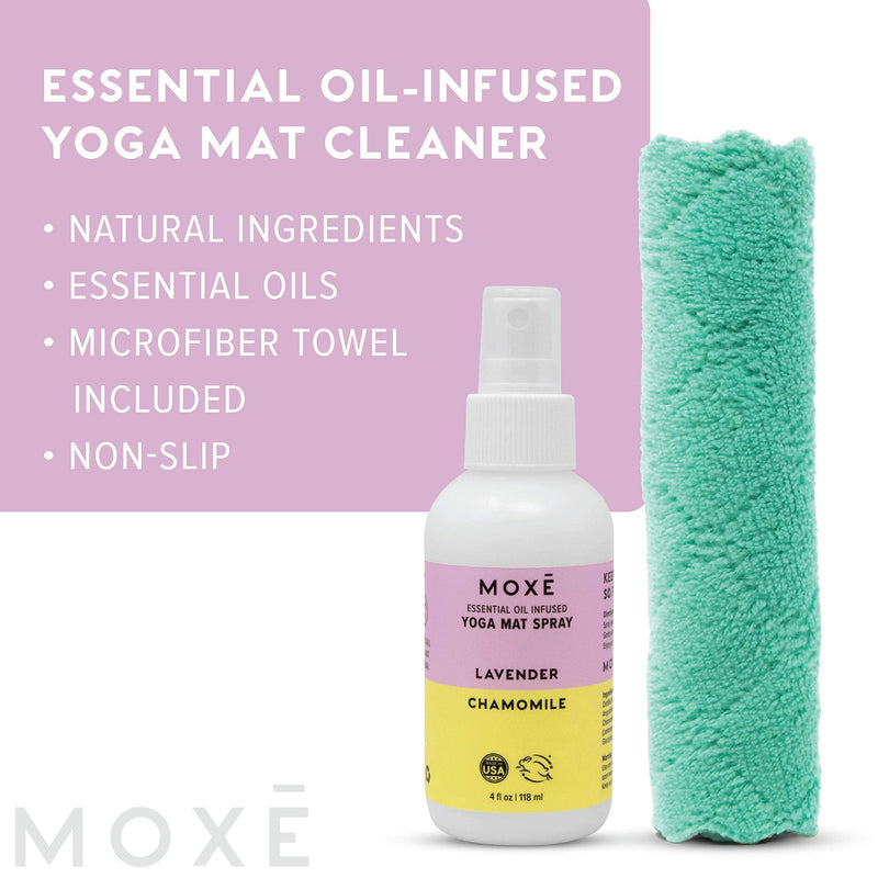 MOXĒ Yoga Mat Cleaner, Lavender Chamomile, Includes Microfiber Cleaning Towel, Helps with Odor & Sweat, No Slippery or Sticky Residue, Non-toxic, Natural, Essential Oils, Plant Based, Made in USA, 4 Ounces - NewNest Australia