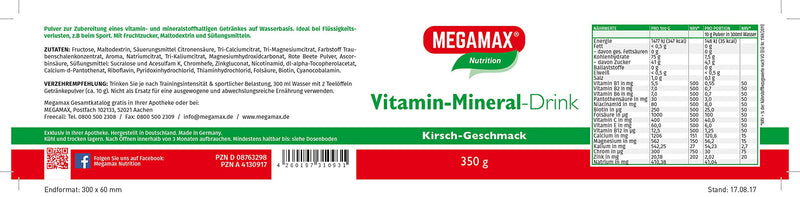 Megamax Vitamin Mineral Drink Cherry 350 G Multivitamin Dietary Supplement High Dose With Many Important Vitamins, Minerals And Trace Elements Calcium, Magnesium And Zinc (Cherry) - NewNest Australia