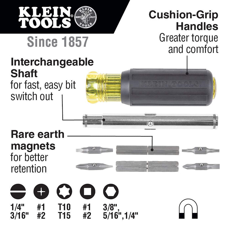 Klein Tools 32500MAG Magnetic Multi-Bit Screwdriver / Nut Driver, 11-in-1 Multi Tool with 8 Bits, 3 Nut Driver Sizes, Cushion Grip Handle - NewNest Australia