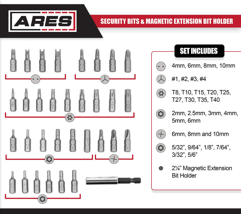 ARES 70009 - 33-Piece Security Bit Set with Magnetic Extension Bit Holder - Includes Tamper Resistant, SAE Hex, Metric Hex and Star Bits - Torq, Spanner, and Triwing Complete the Anti Tamper Bit Set - NewNest Australia