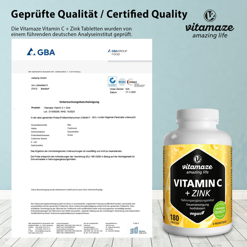 High-dose vitamin C 1000 mg + zinc, vegan & optimally bioavailable, 180 tablets for 6 months, natural dietary supplement without unnecessary additives, made in Germany - NewNest Australia