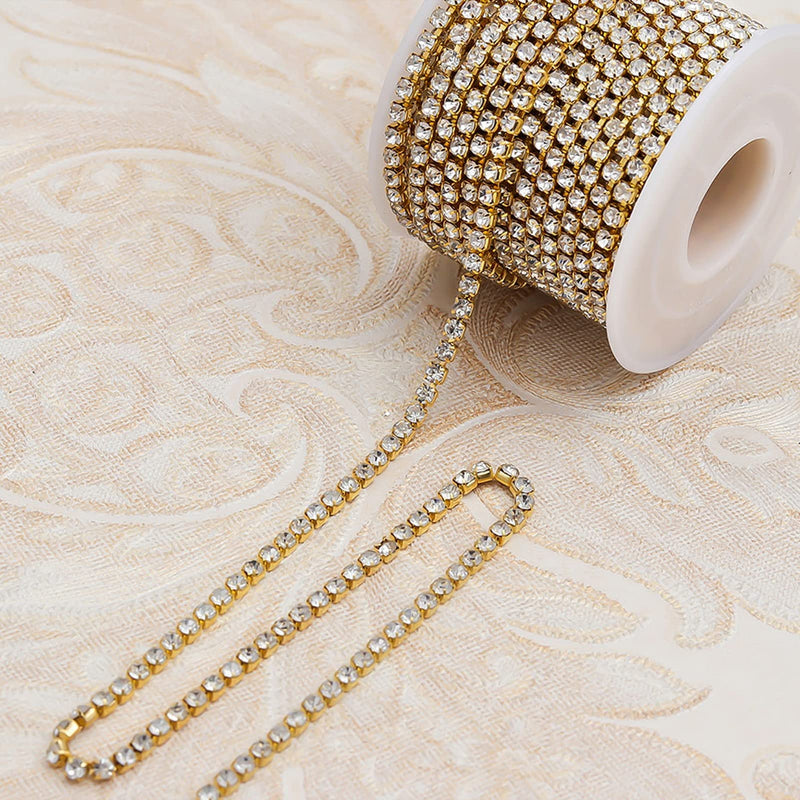 1 Roll 10 Yards Crystal Rhinestone Trim Close Cup Clear Chain with Gold Setting Base (SS6 2mm) SS6 2mm - NewNest Australia