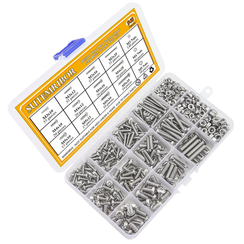 Sutemribor M3 M4 M5 Stainless Steel Button Head Hex Socket Head Cap Bolts Screws Nuts Assortment Kit, 540PCS - NewNest Australia