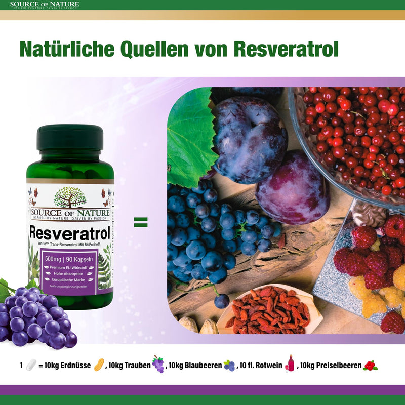 Source Of Nature Trans-Resveratrol 500 Mg, 90 Capsules, Supply For 3 Months, 98% Pure Active Ingredient Made In Europe, High Dosage, Vegan, Antioxidant Protection - NewNest Australia