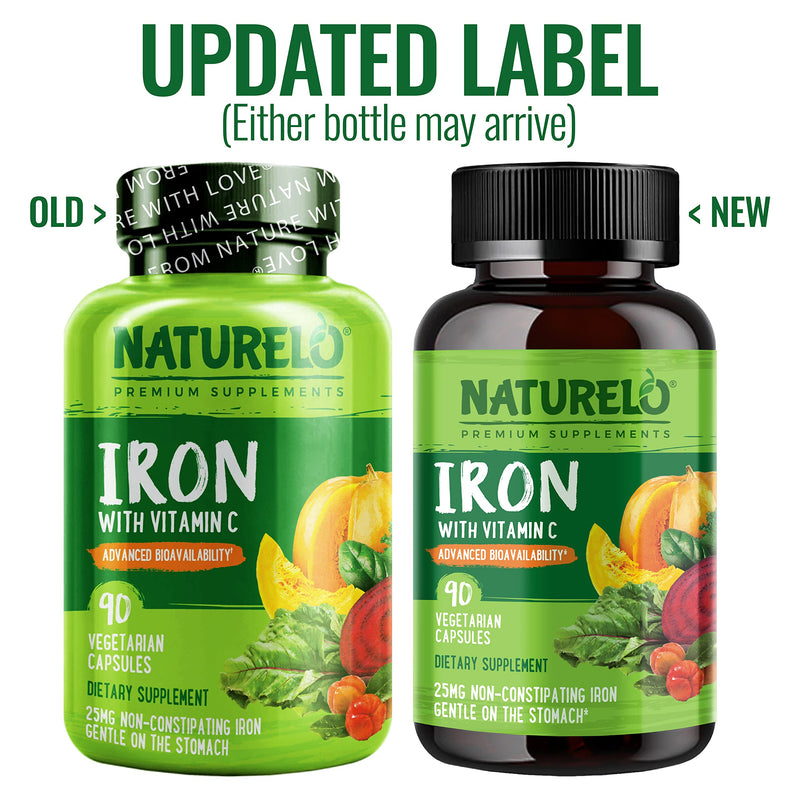 NATURELO Vegan Iron Supplement with Vitamin C and Organic Whole Foods - Gentle Iron Pills for Women & Men w/ Iron Deficiency Including Pregnancy, Anemia and Vegan Diets - 90 Mini Capsules 90 Count (Pack of 1) - NewNest Australia