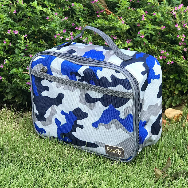 NewNest Australia - Kids Lunch box Insulated Soft Bag Mini Cooler Thermal Meal Tote Kit with Handle and Pocket for Girls, Boys by FlowFly,Blue Camo Blue 