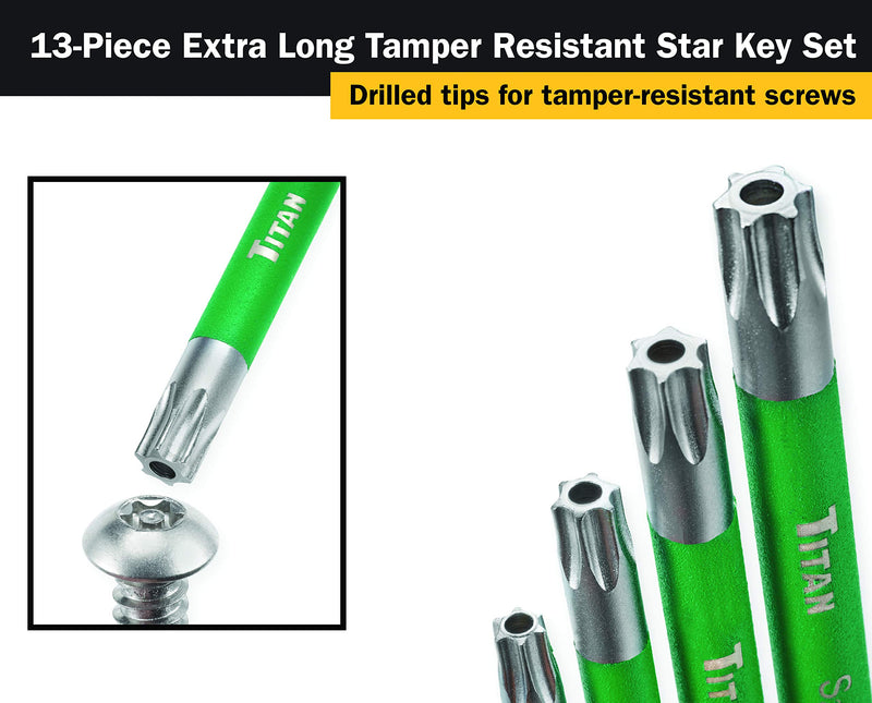 Titan 12715 Extra-Long Arm Tamper Resistant Star Key Set - 13 Piece Green - NewNest Australia