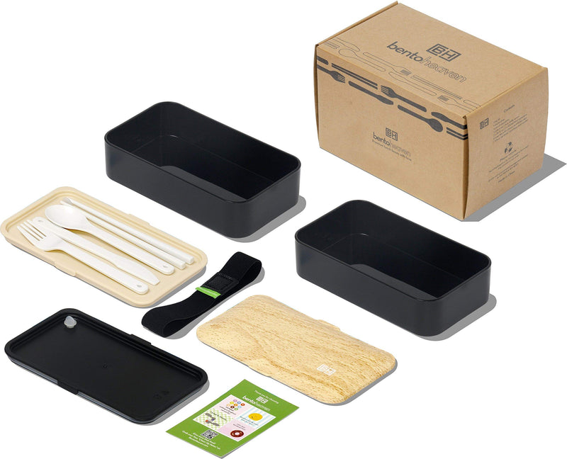NewNest Australia - Original BentoHeaven Bento Box Bundle with FREE Lunch Bag, Divider, Utensils, Chopstick & Fun Lunch Box Notes - Leakproof Lunch Boxes - Bamboo Black 