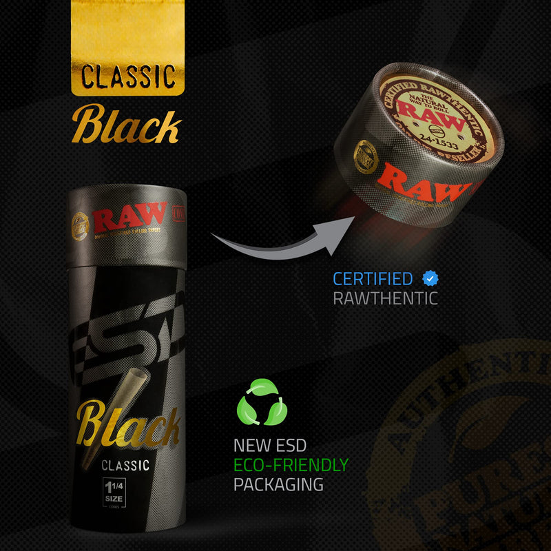 RAW Cones Classic Black 1-1/4 Size | 50 Pack | Natural Pre Rolled Rolling Paper Pressed Extra Fine for Thin, Slow Burning, Naturally Translucent Paper with Tips & Packing Sticks Included 50 Count (Pack of 1) - NewNest Australia