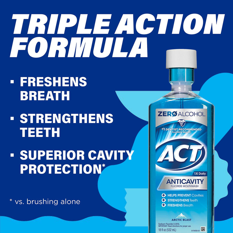 ACT Anticavity Zero Alcohol Fluoride Mouthwash 18 fl. oz., With Accurate Dosing Cup, Arctic Blast - NewNest Australia