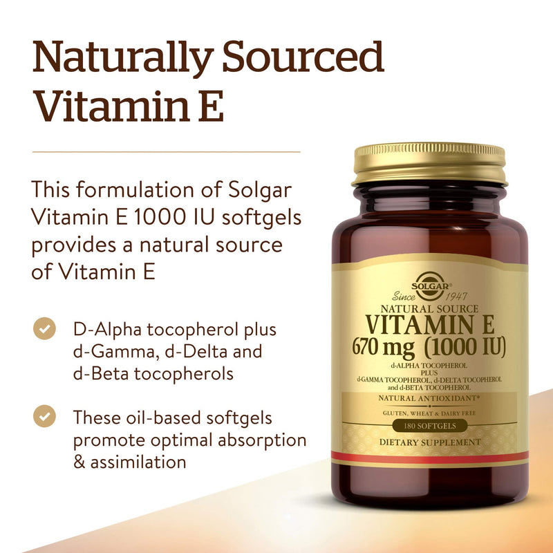 Solgar Vitamin E 670 mg 1000 IU Mixed Softgels Natural Antioxidant Skin Immune System Support NaturallySourced Vitamin E Gluten Free Dairy Free Servings, 180 Count 180 Count (Pack of 1) - NewNest Australia