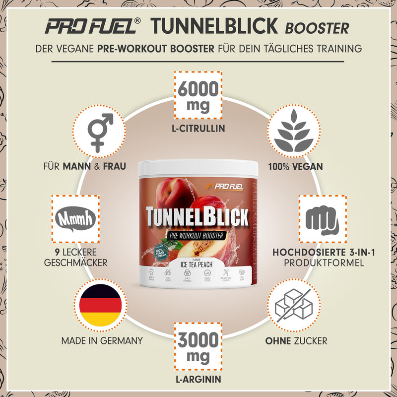 Pre-workout booster ICED TEA PEACH 440g - incredibly delicious - TUNNELBLICK training booster with citrulline, arginine, taurine, caffeine, guarana and magnesium - optimally high dosage - 100% vegan 20 portions (pack of 1) - NewNest Australia