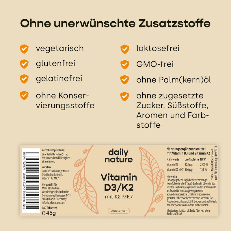 dailynature Vitamin D3 + K2 | 180 tablets each with 5,000 IU D3 in high doses + 100 µg K2 | Dietary supplement - vegetarian, without unwanted additives, gluten-free & lactose-free | laboratory tested - NewNest Australia