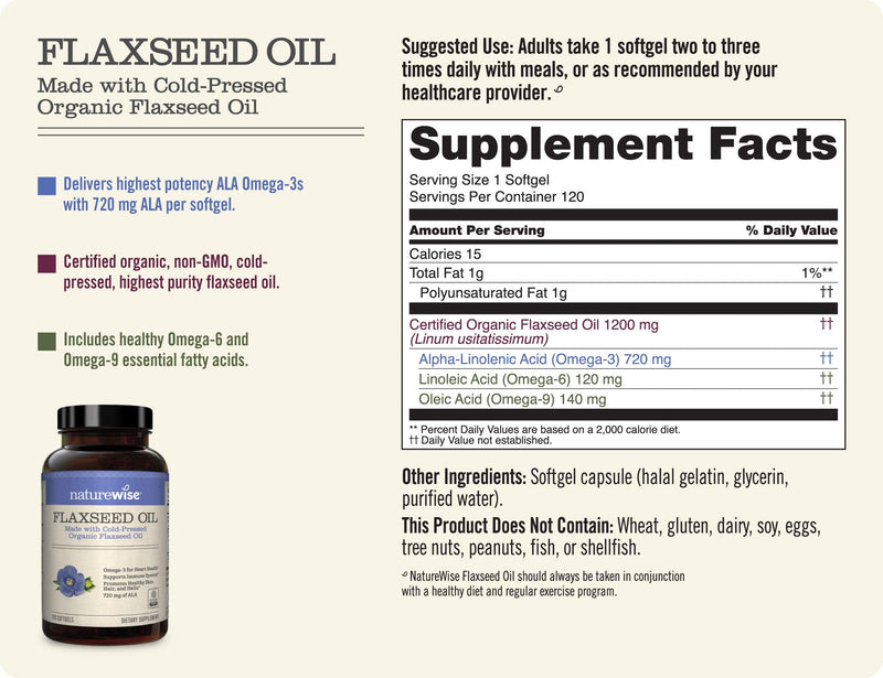NatureWise Organic Flaxseed Oil Max 720mg ALA | Highest Potency Flax Oil Omega 3 for Cardiovascular, Brain, Immune Support & Healthy Hair, Skin, & Nails | Gluten Free Non-GMO [2 Month - 120 Softgels] 120 Count (Pack of 1) - NewNest Australia