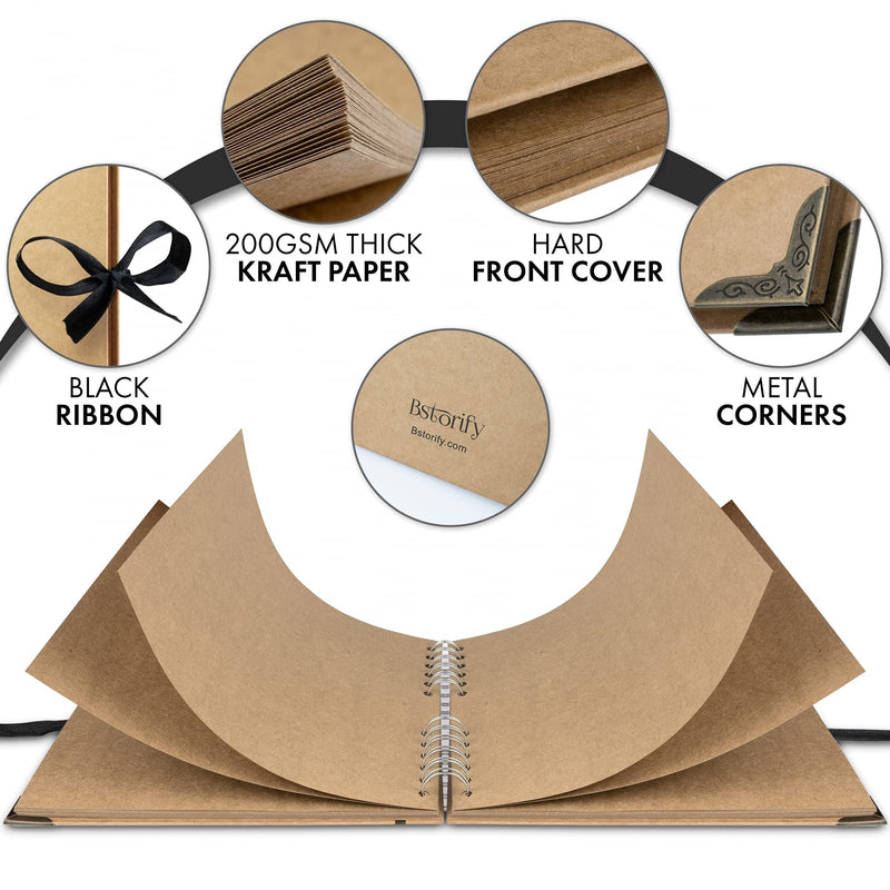 Bstorify Scrapbook Album 60 Pages (8 x 8 inch) Brown Thick 200gsm Kraft Paper, Corner Protectors - Scrap Book, Ribbon Closure - Ideal for Your Scrapbooking Albums, Art & Craft Projects 8 x 8 inches - NewNest Australia