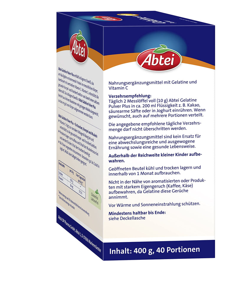 Abtei Gelatine Powder Plus - pure gelatin and vitamin C for bones, cartilage and muscles - laboratory tested and high dosage - 400 g (4 x 100 g) - supply pack for 40 days 40 portions (pack of 1) - NewNest Australia
