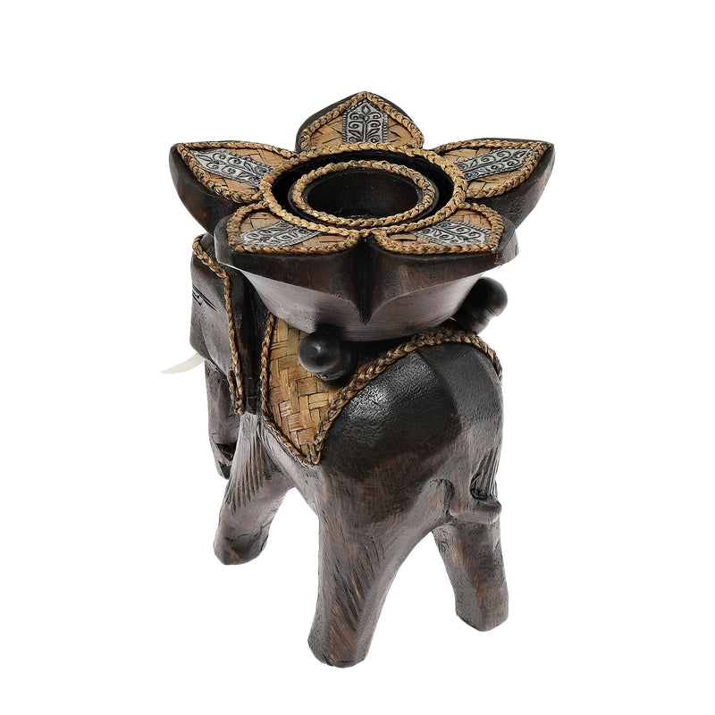 NewNest Australia - AeraVida Royal Elephant with Flower Candle Holder Rain Tree Wood Handmade 