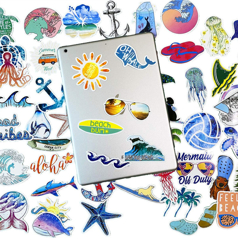 Beach Stickers 50pcs, Blue Surfing Waves Fresh Lively Turtle Laptop Water Bottle Decals Cartoon Vitality Aesthetic Sticker Pack for Teen Girl (Beach Surfing) - NewNest Australia
