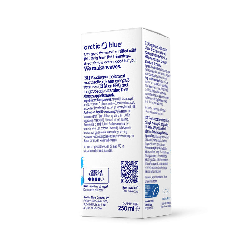 Arctic Blue Omega 3 fish oil - 250 ml liquid - high dose with DHA, EPA and vitamin D - without burping or fishy smell - arctic fish oil - MSC certified - orange flavor - NewNest Australia