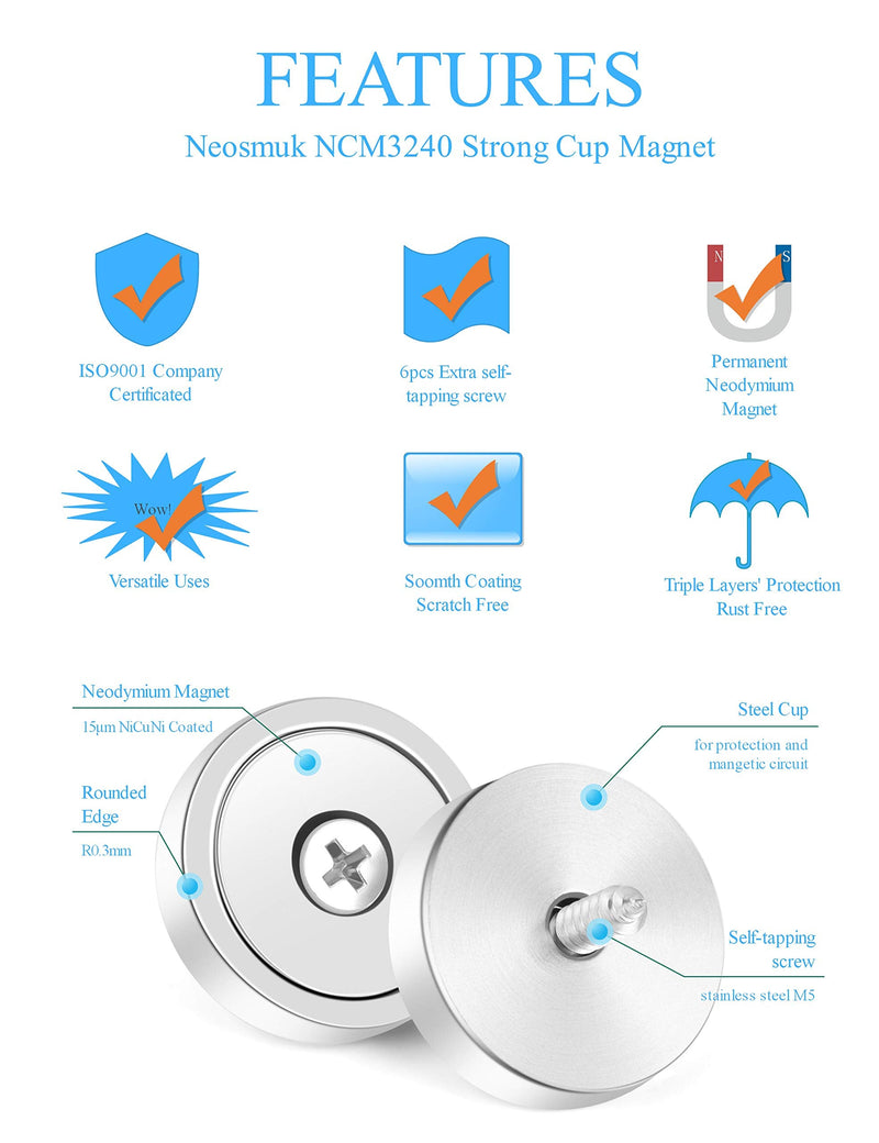 Neosmuk Magnets, 100lb+ Super Strong Round Magnet with Hole in The Center for Mounting, Heavy Duty Neodymium Cup Magnet with Screw for Wall, Rare Earth Magnets Round Base Disc Magnet 6 - NewNest Australia