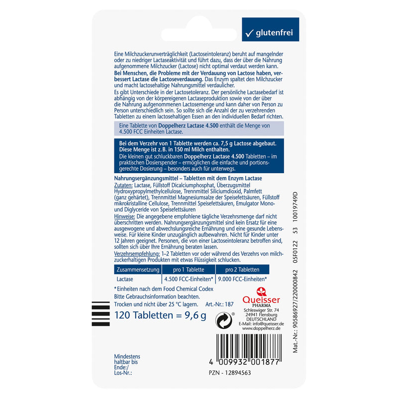Doppelherz Lactase 4,500 - for lactose intolerance - Lactase improves lactose digestion - 120 tablets in a practical click dispenser 120 pieces (pack of 1) - NewNest Australia