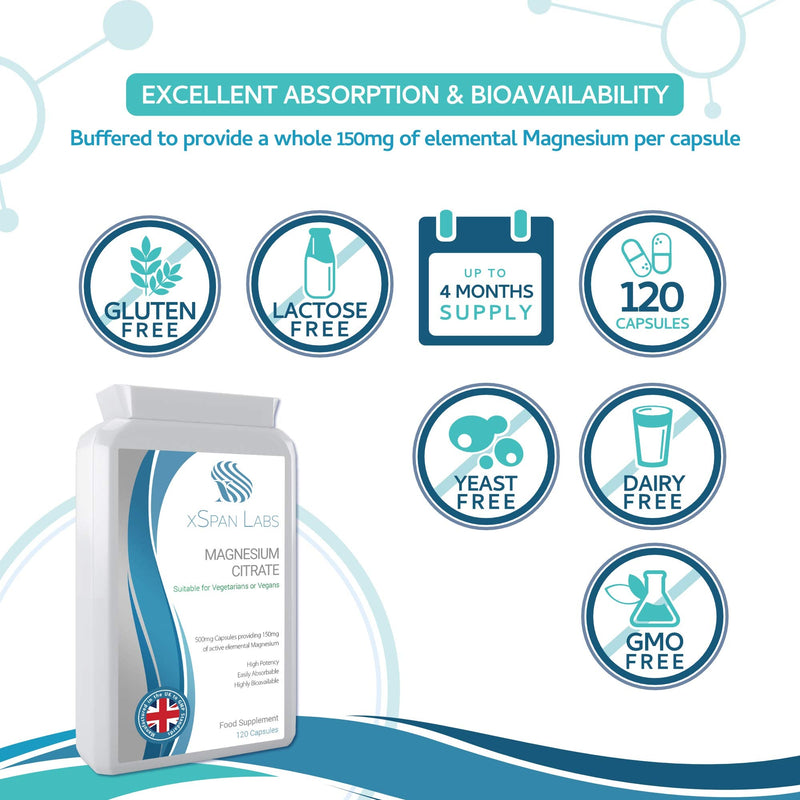 Magnesium Citrate 500mg 120 Capsules - Providing 150mg of Active Elemental Magnesium - High Potency - Easily Absorbable - Highly Bioavailable - UK Manufactured - NewNest Australia