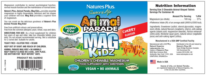 NaturesPlus Animal Parade Source of Life Sugar-Free MagKidz Children's Magnesium Supplement - Natural Cherry Flavor - 90 Chewable Tablets - Bone & Muscle Health Support - Gluten-Free - 45 Servings - NewNest Australia