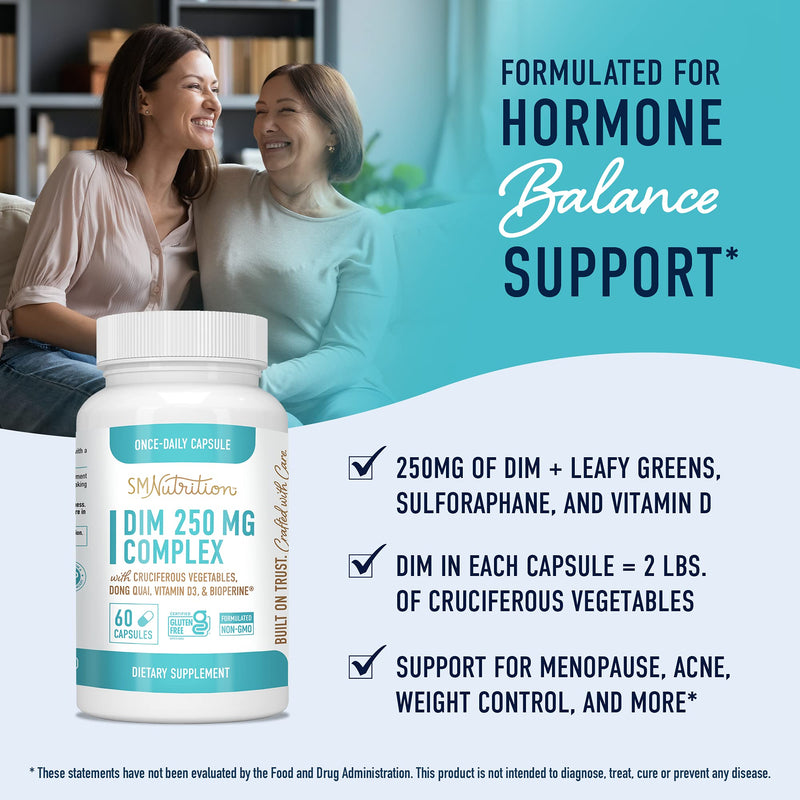 DIM for Hormone Balance & Menopause Support, Estrogen Balance Complex for Women, Dong Quai, Vitamin D, Sulforaphane, BioPerine & More - Certified Gluten-Free - 250mg (60 Capsules, 2-Month Supply) - NewNest Australia