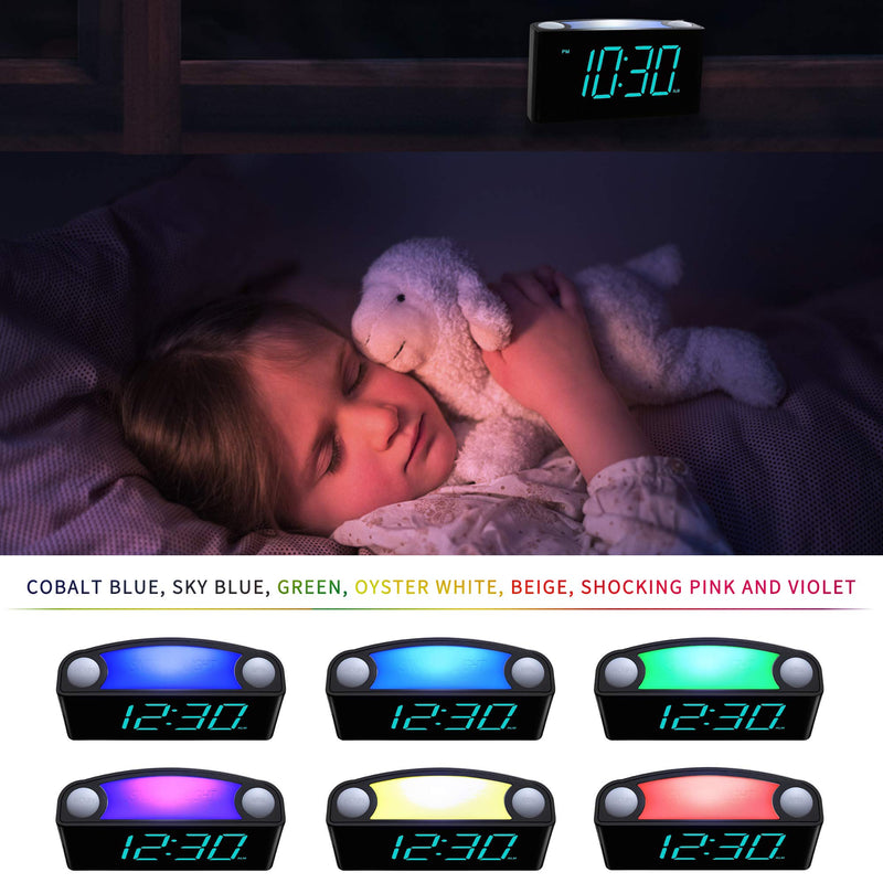 NewNest Australia - Rocam Digital Alarm Clock for Bedrooms - Large 6.5" LED Display with Dimmer, Snooze, 7 Color Night Light, Easy to Set, USB Chargers, Battery Backup, 12/24 Hour for Kids, Heavy Sleepers, Elderly (Blue) Blue 