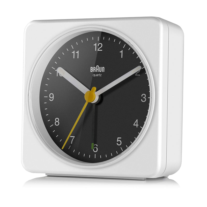 NewNest Australia - Braun Classic Analogue Alarm Clock with Snooze and Light, Quiet Quartz Sweeping Movement, Crescendo Beep Alarm in White and Black, Model BC03WB. 